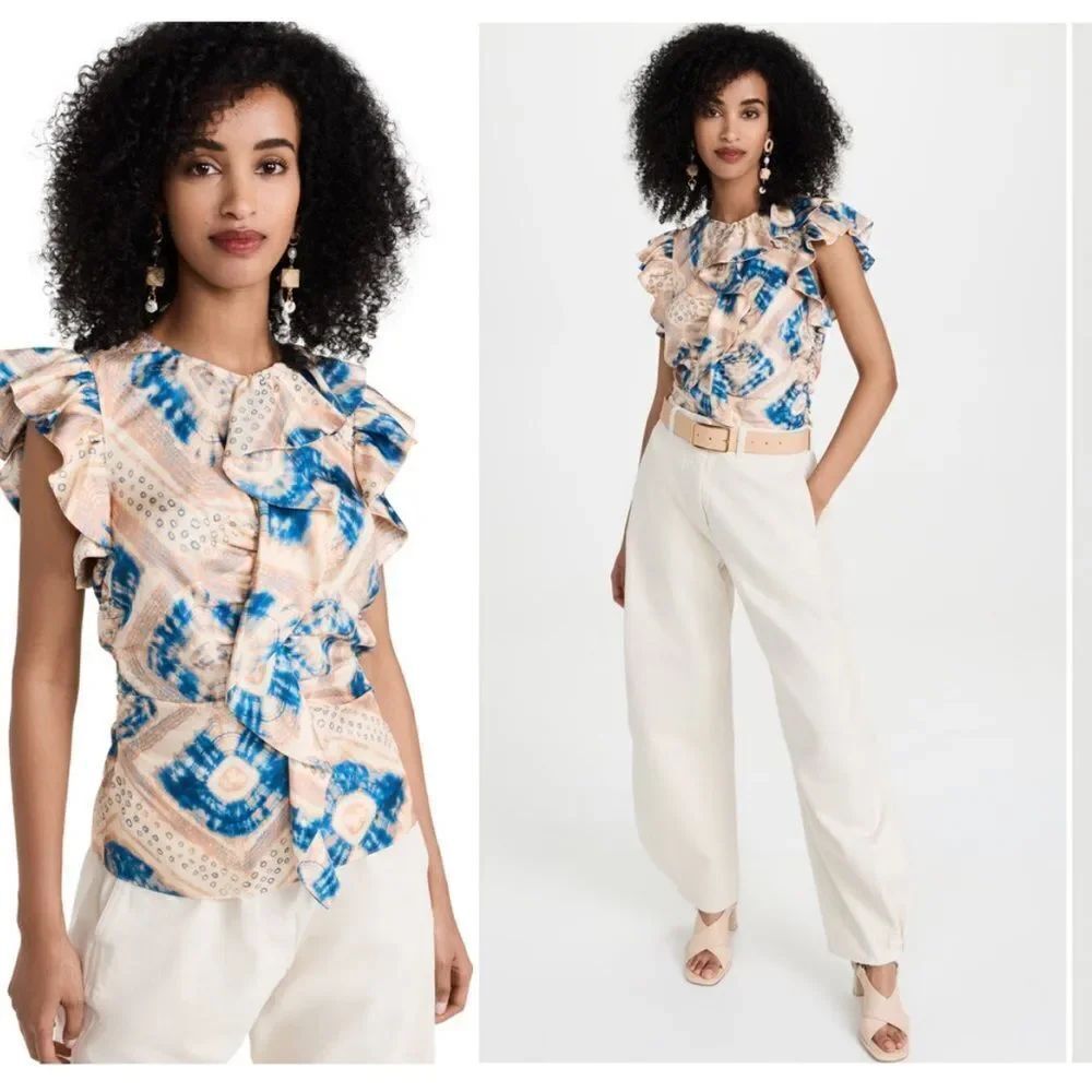 Ulla Johnson Vida Blue and Cream Ruffle Blouse $425